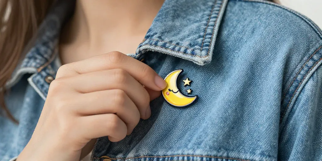 Chica poniéndose un pin en su chamarra de mezclilla