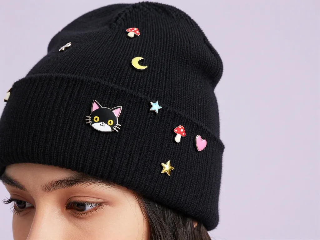 Gorro negro lleno de pines de colores, en primer plano