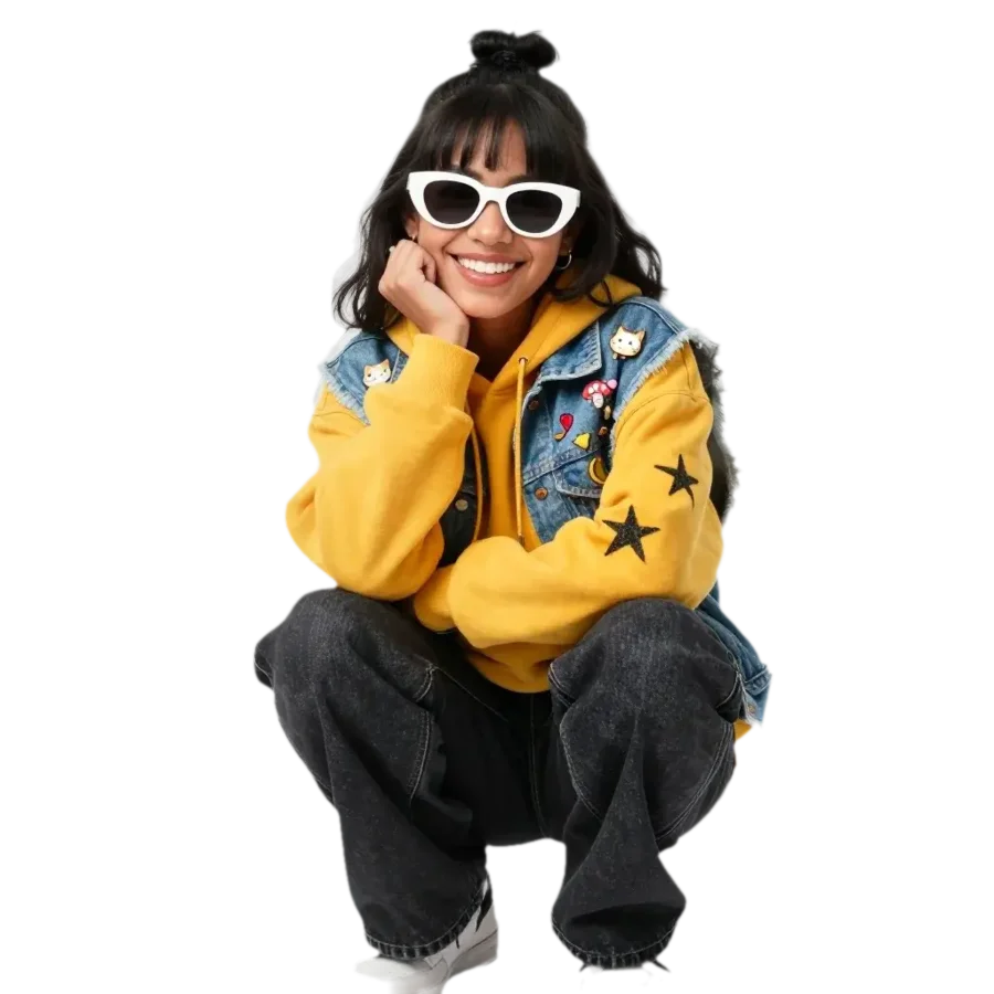 Chica con sudadera amarilla y chamarra de mezclilla llena de pines